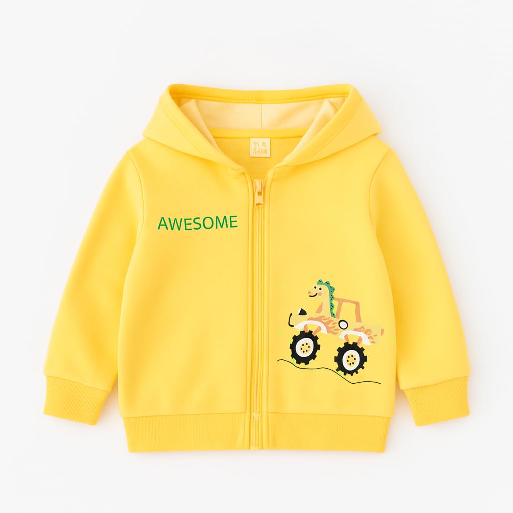 Bold N Elegant Kids Winter Warm Fleece Awesome Dinosaur Print Front Open Zipper Hoodie Regular Fit Sweatshirt for Infant Toddler Baby Boys & Girls (2-3 Years, Yellow)