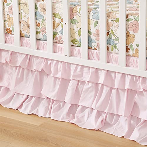 Image of Brandream Crib Bedding Set for Girls 6 Pieces Floral Baby Nursery Bedding Set with Enchanting Blossoms Flowers,Blush Pink Yellow Green Garden Farmhouse Chic Cotton