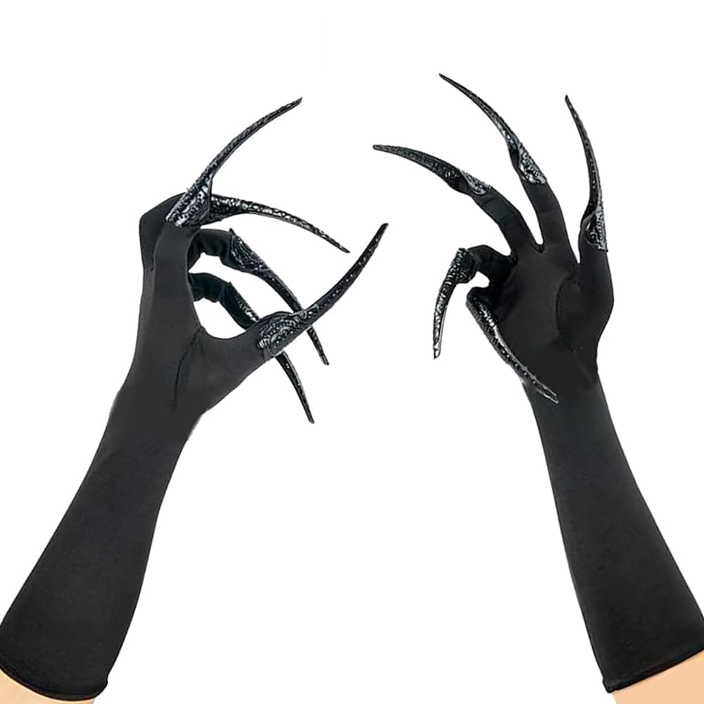 AMWYODK Halloween Long Finger Claw Gloves, Scary Adjustable Nail Rings, Gothic Vampire Witch Demon Crow Cat Cosplay Fancy Dress Accessories, Horror Costume Props for Men and Women