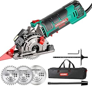 Mini Circular Saw, HYCHIKA Compact Circular Saw Tile Saw with 3 Saw Blades 4A Pure Copper Motor, 3-3/8”4500RPM Ideal for Wood, Soft Metal, Tile and Plastic Cuts, Laser Guide, Scale Ruler