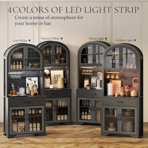 Image of 75 inch Arched Kitchen Pantry Cabinet with Charging Station & LED Light, Tall Coffee Bar Liquor Cabinet Modern Kitchen Hutch with Microwave Stand & Adjustable Shelf for Dining Room