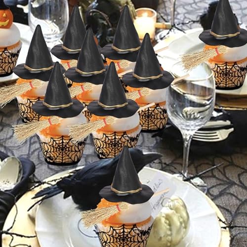 Xsstarmi 12 Pack Halloween Witch Theme Cupcake Toppers Broom Witch Hat Cupcake Picks for Witch Wizard Theme Birthday Halloween Party Cake Decorations Supplies - Image 4
