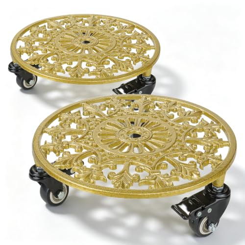 GARGENTOL 2 Pack 11" Heavy Duty Round Metal Plant Caddy with Wheels, Gold