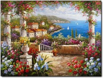 JonathanOutletStore Mediterranean Italian Villas Original Landscape Oil painting On Canvas Home Wall Decor Frameless print 20x24inch