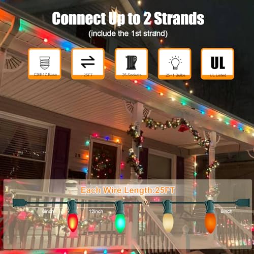 Image of C9 Multicolor Christmas Lights Outdoor, 25Ft Vintage Christmas String Lights with 26 Colorful Ceramic Bulbs, Hanging Patio Lights for Outdoor Roofline Christmas Tree Garden Pathway Decor, Green Wire