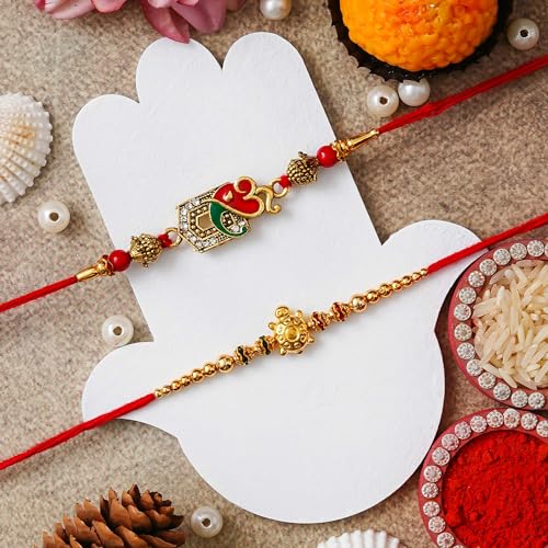 Image of eCraftIndia Set of 2 Purple Floral & Pearl Designer Rakhis with Roli Chawal Pack