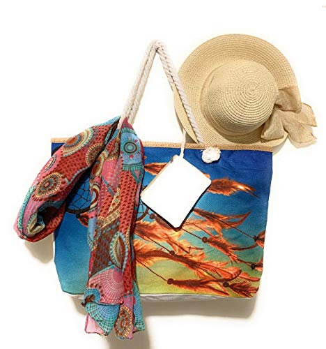 AMAYA Bolsa de Playa Grande con Cremallera diseño Multi color Shopper Bolsa de Hombro (PLUMAS)