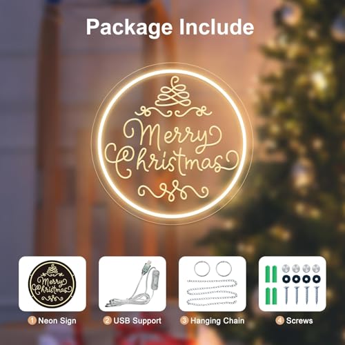 Image of Merry Christmas Neon Sign Dimmable Merry Christmas LED Light Sign for Holiday Party Home Bar Decoration, USB Powerd Neon Light for Wall Decor Festival Celebration -30 * 30
