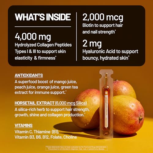 Image of NatureWise Hydrolyzed Liquid Collagen for Women & Men 4000mg - No Added Sugar - Multi Collagen Peptides + Biotin + Vitamin C + Vitamin B Complex & Hyaluronic Acid - Mango - 10 Tubes[10 Day Supply]