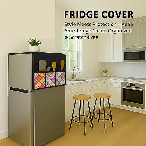 Image of Refrigerator Single Door Waterproof, Dustproof, Refrigerator Top Cover, Protective Cover for Fridges with Extra Storage Space Nylon Top cover with 6 Storage Pockets ( Multi, 130 x 54 cm )