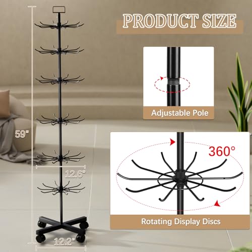 Image of Retail Display Stand Store Display Rack 6 Tier Metal Spinning Display Stand Rack with Wheels Keychain Jewelry Stocking Hat Stand with Hooks for Malls, Showroom, Retail Store (6 Tier Black)