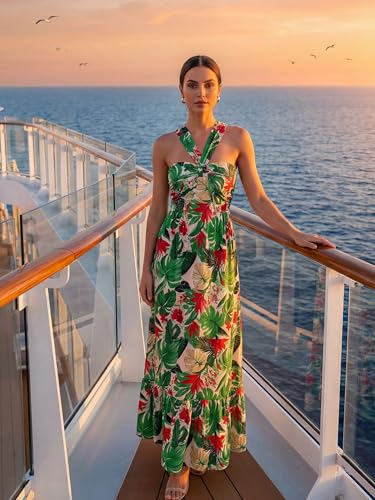 GRACE KARIN Womens Summer Floral Dresses 2026 Boho Maxi Dress Flowy Halter Sundress Casual Vacation Beach Clothes with Pocket Blue Floral 2XL — view 2