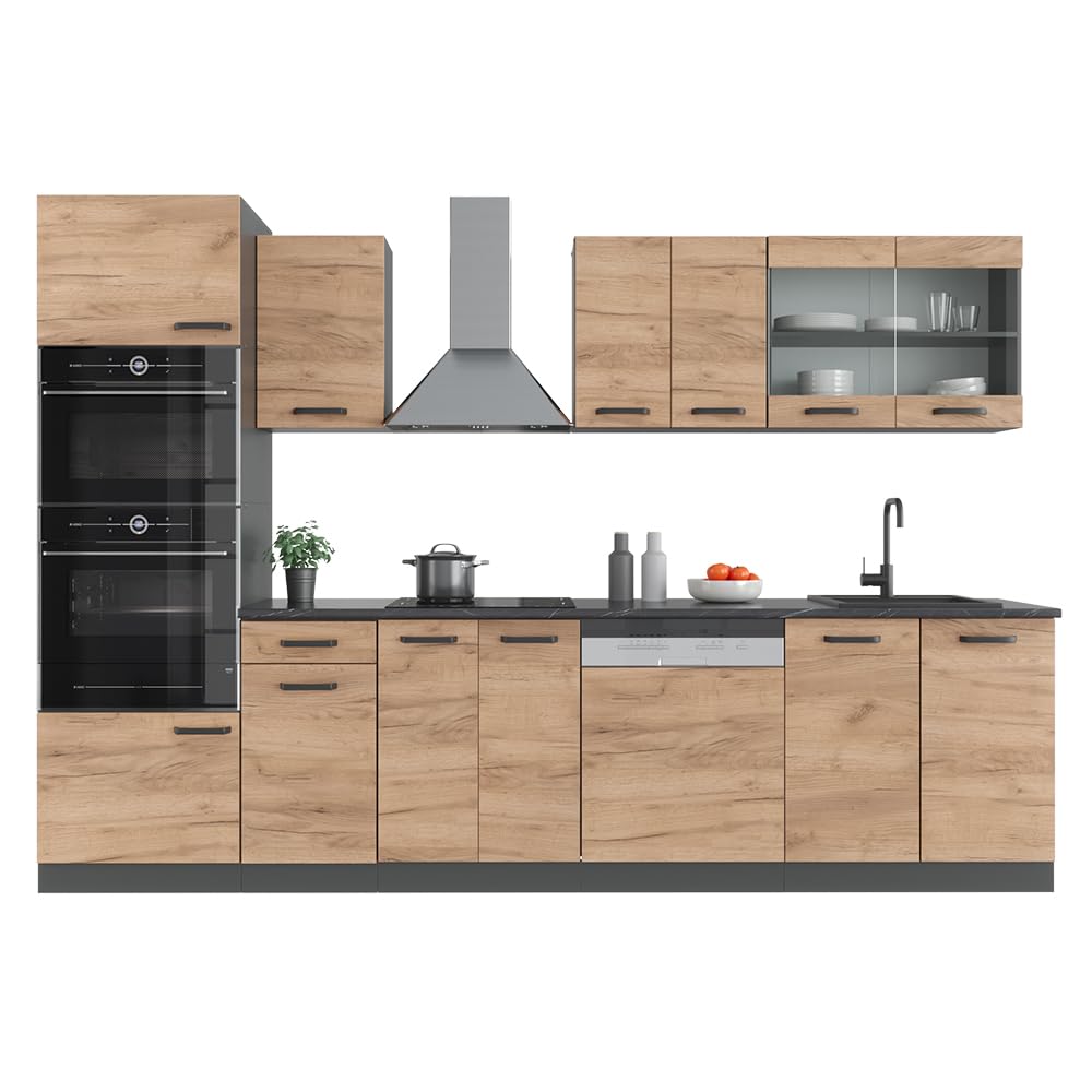 Vicco Cuisine R-Line, Chêne de Force doré, 300cm avec Armoire Haute, PT Anthracite, adapté à la Combinaison et à l’Extension Individuelles
