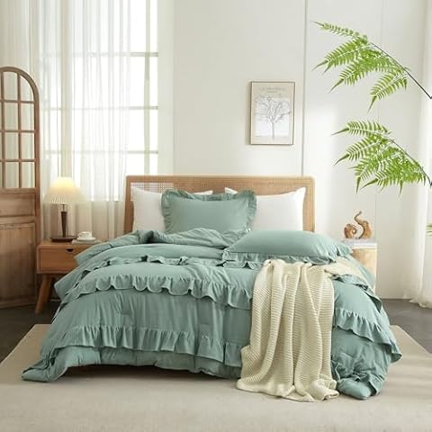LifeTB Comforter Full Size Sage Green Comforter Set 1 Ruffled Comforter with 2 Pillowcases Sage Comforter Set Vintage Farmhouse Bed Comforter Full Shabby Chic Bedding Set All Season Comforter Quilt Cover