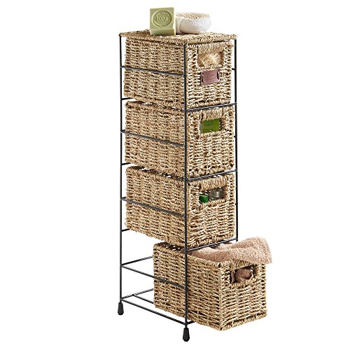 VonHaus 4 Tier Small Seagrass Basket Storage Tower Unit with Metal Frame - Ideal for Small Bathrooms & Home Storage (25.4 x 9.5 x 6.7)