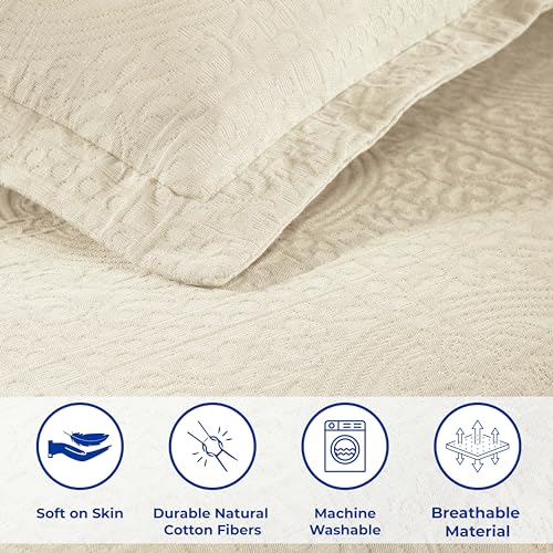 Superior Cotton Fleur De Lis Bedspread Set, Warm Blankets, All-Season Bedding, Bedroom Decor, Decorative Boho Medallion Coverlet, Includes 1 Bedspread, 1 Pillow Sham, Twin, Ivory