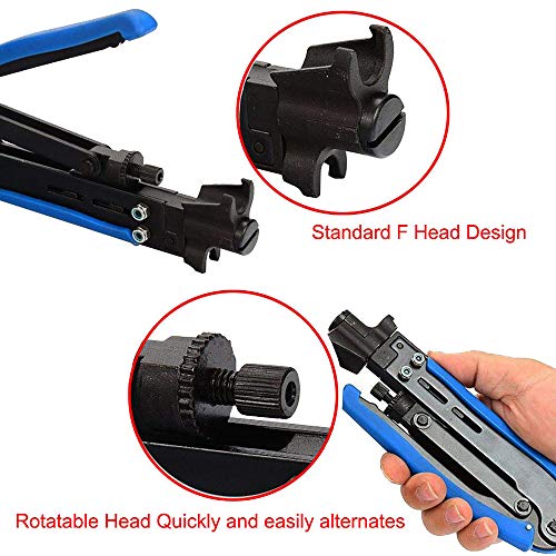 KOTTO Coax Cable Crimper Kit, Compression Tool Coax Cable Crimper Kit, Adjustable RG6 RG59 RG11 75-5 75-7 Coaxial Cable Stripper with 20 PCS F Compression Connectors