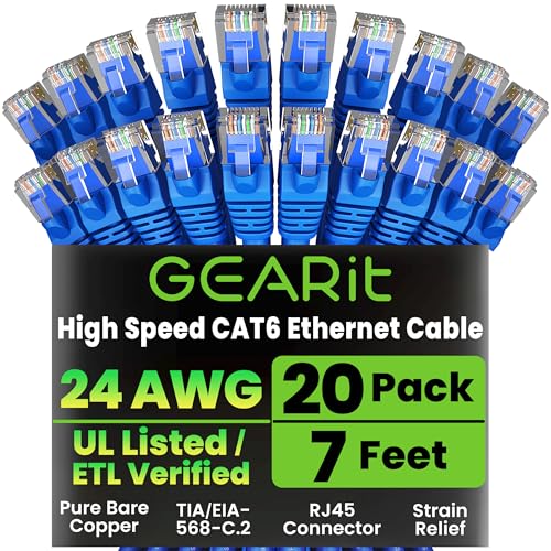 GEARit Cat6 Patch Cables 7ft Cat 6 Ethernet Cable 20-Pack Blue