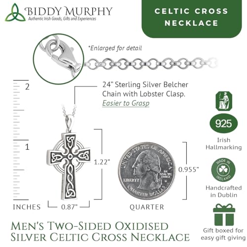 Biddy Murphy 925 Sterling Silver Celtic Cross Necklace for Men, 24" Length Chain, 1 1/4" by 5/6" Inch Crucifix Pendant, Traditional Irish Jewelry, Imported from Ireland3
