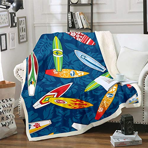 Colorful Surfboard Printed Warm Plush Blanket Summer Surfing Sports Theme Fleece Blanket for Sofa Couch Blue Palm Leaf Decor Sherpa Throw Blanket Hawaiian Tropical Holiday Fuzzy Blanket Thro