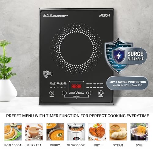 Image of Milton Elio Elite 16.0 Portable Induction Cooktop | Child Lock, LED Display Panel 5KV Surge Protection, Timer & Preset Menu Functions, 1600 W Feather Touch, Fast Cooking 3-Year Warranty on Coil