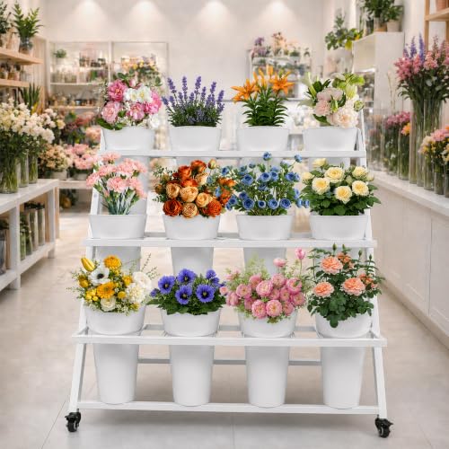 PROLEE Flower Stand with 12 Buckets, Flower Display Stand with Wheels, Flower Cart, Moving Florist Bouquet Shelf, Flower Bar Stand for Wedding, Party, White by PROLEE - Used condition - Image 2