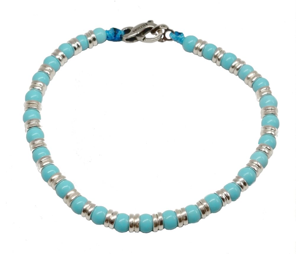 Spadarella bracciale con 2 anellini in argento e pietre naturali turchese tonda da 3 mm.Prodotto artigianale.Made in Italy.Unisex.Lunghezza 19cm.