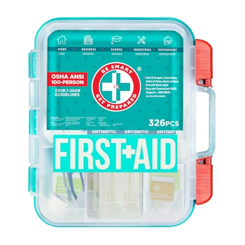 Be Smart Get Prepared First Aid Kit, Teal, 326 Piece, Exceeds OSHA and ANSI Guidelines 100 People – Office, Home, Car, School, Emergency, Survival, Camping, Hunting and Sports