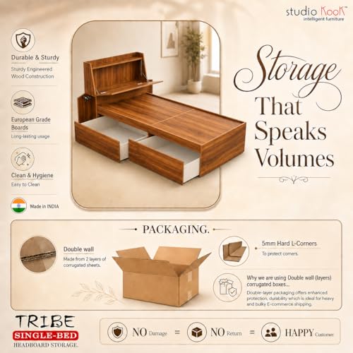 Image of Studio Kook Tribe Headboard Storage Engineered Wood Single Bed with Drawers (Amber Walnut, Left Side Drawer)