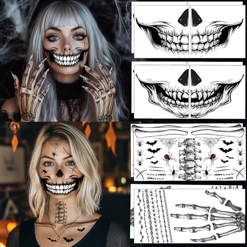 8Pcs Skeleton Face Tattoo Halloween Accessories?Halloween Tattoos Ghost Face Temporary Tattoo,Halloween Make Up Halloween Face Tattoos Stickers Zombie Makeup Kit (A-8 skeleton face tattoo)