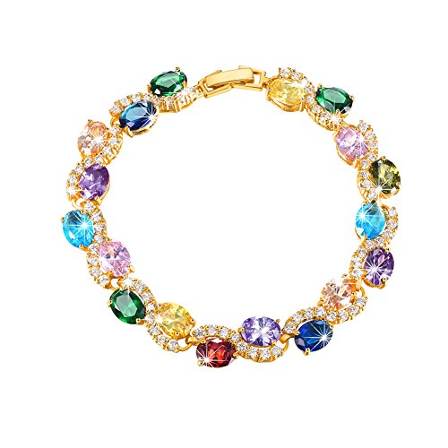 U7 Green Emerald/Blue/Red/Colorful Tennis Bracelets, 18K Gold Plated Platinum Link Chain Diamond Cut Simulated Gem Crystal Bracelet,Resizable Length 6