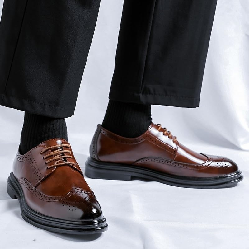 YZABEL Men's Pointed Toe Lace Up Formal Shoes, Classic Low Top Flat Patent Leather Business Casual Shoes, Rubber Non-Slip Brogue2