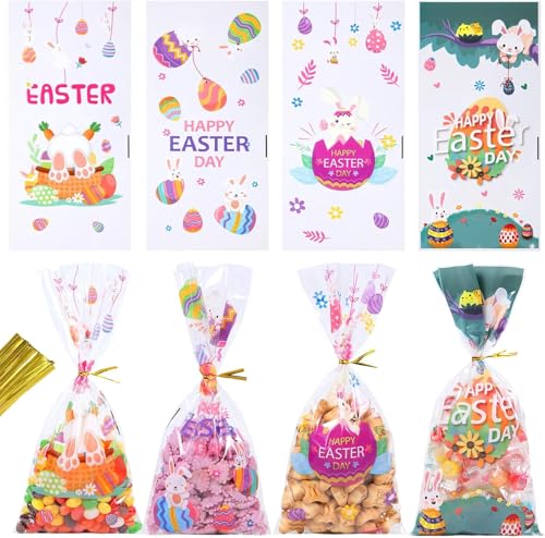 50 Pièces Sachet Pâques Bonbons, Sachets Transparents pour Biscuits Lapins œufs Colorés Poussins, Sacs Cellophane avec Attaches Sachet pour Chocolat...