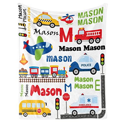 Image of Personalized Blanket with Name for Boys Custom Name Blanket Car Transport
