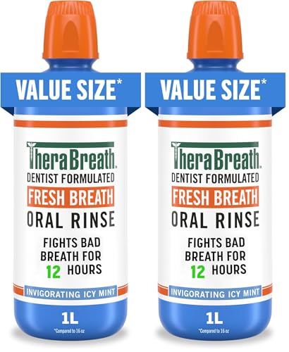 TheraBreath Fresh Breath Oral Rinse, Invigorating ICY Mint Flavor, Dentist Formulated and ADA-Accepted Mouthwash for Bad Breath pH-Balanced, Alcohol Free & Non-Burning, 1 Liter, (Pack of 2)