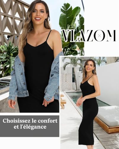 Vlazom Fond de Robes Femme Longue Lingerie Modal Jupon sous Robe Bretelles Slip Elégant Chemise de Nuit，Noir，XL – vue 2