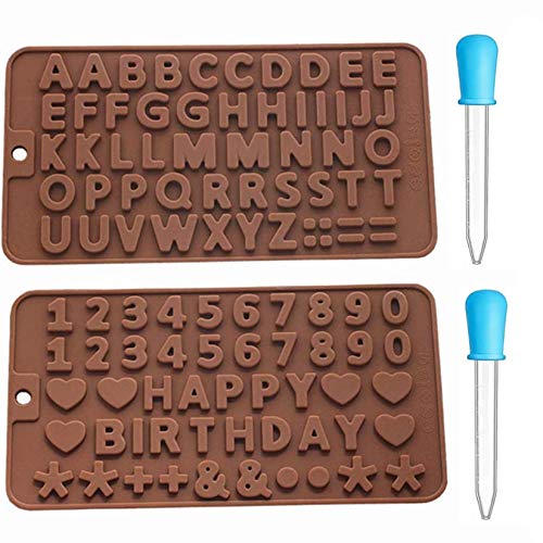 Sweetfamily 2 Pack Silicone Letter Mold and Number Chocolate Molds with Happy Birthday Cake Decorations SymbolsMaking for Cake Candy Ice Cube ChocolateWith 2 Pcs Dropper