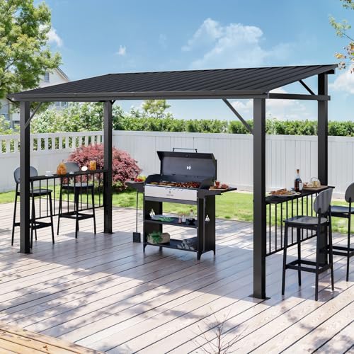Aoxun 12x6 FT Hardtop Grill Gazebo with 2 Side Shelves & Hooks for Outdoor Grill, Outdoor BBQ Gazebo Canopy with Sloping Steel Roof, Permanent Metal Gazebo for Patio, Backyard, Lawn, Deck