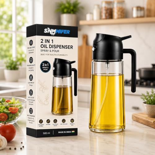Image of SNMMIFER 2-in-1 Glass Oil Dispenser Bottle 500ml | Spray & Pour Oil Bottle for Kitchen | Food Grade Leakproof Olive Oil Sprayer | Cooking Oil Dispenser for Air Fryer, Cooking (1, OIL BOTTLE)