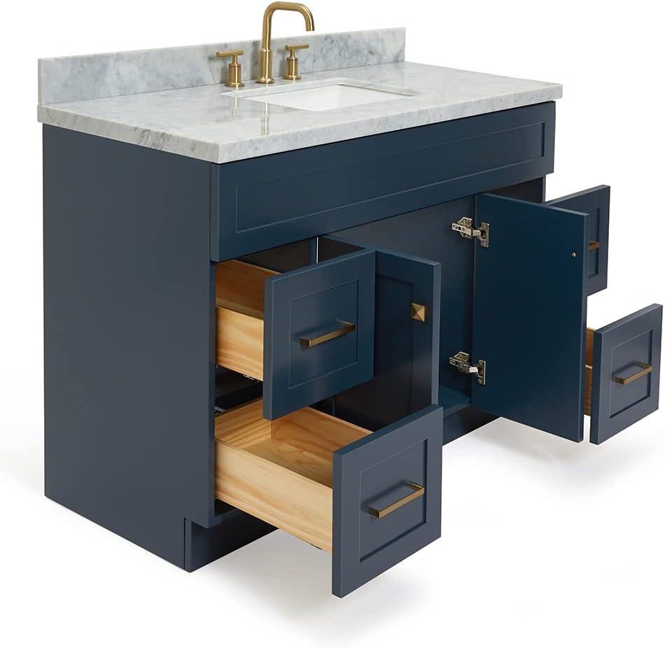 DKB Bradford 48-Inch Bathroom Vanity with Sink — Midnight Blue Single Sink Bathroom Vanity, 1.5" Edge Italian Carrara Marble Top, Solid Wood, 2 Soft-Close Doors, 4 Full Extension Dovetail Drawers