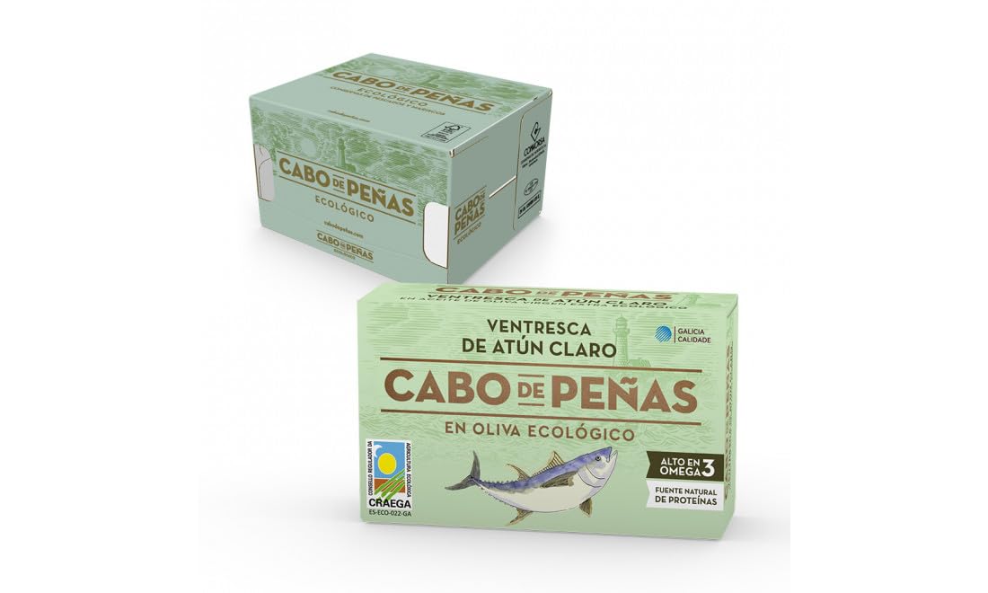 Pack 6 Ventresca de Atún Claro Cabo de Peñas Bio 111 g, 666 g total, en aceite de oliva virgen extra ecológico, conserva gourmet de textura suave y empacada a mano.
