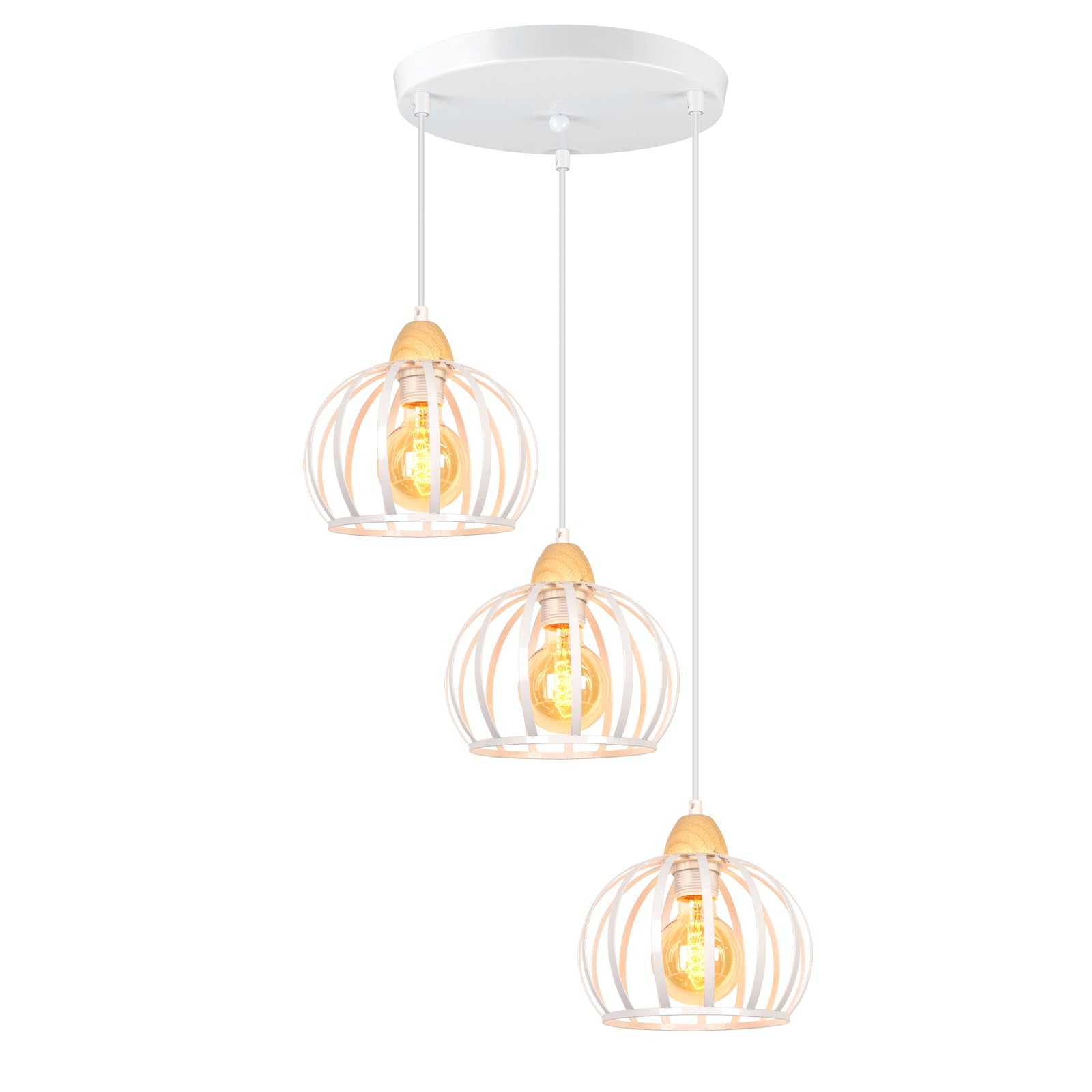 iDEGU 3 Luces Lámpara Colgante Vintage Lámpara de Techo en Madera y Metal Industrial Lámpara de Araña Diseño Jaula Retro Iluminación E27 Luz Colgante para Salón Dormitorio Cocina (Redondo, Blanco)