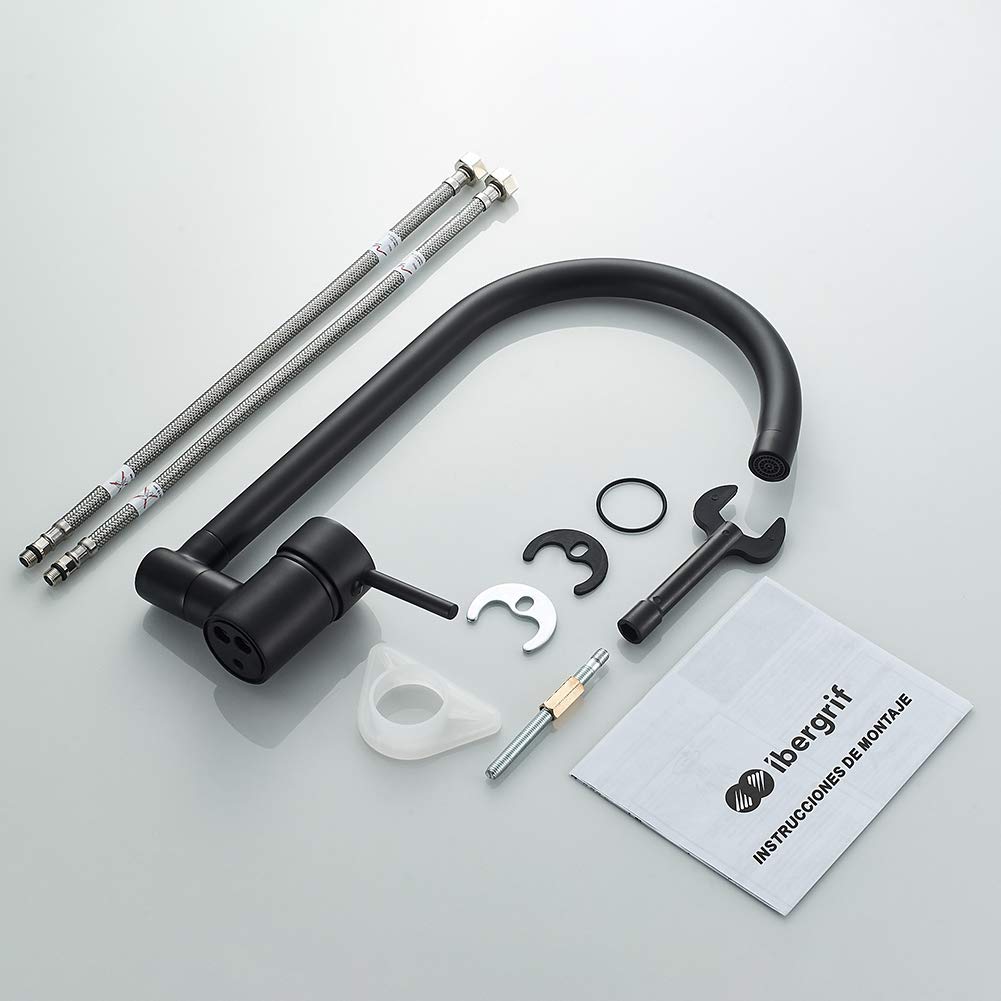 Ibergrif Grifo Cocina Fregadero Negro, Giratoria 360° y plegable 90°, Torneira Cozinha Agua Fría Y Caliente, Válvula Ahorradora, latón, para Fregadero de un Orificio, Fácil Instalación