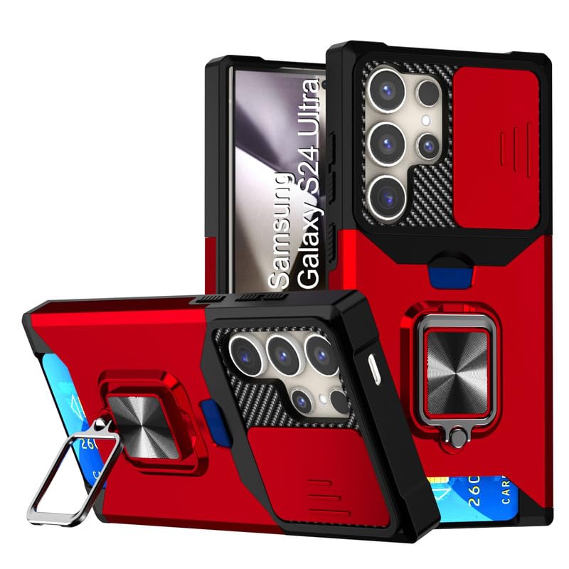 Image of LuxuryKase Shockproof Armor Case for Samsung Galaxy S24 Ultra | Slide Camera Cover | Hidden Card Slot | Rotating Ring Kickstand | Magnetic Car Mount Support | Military Grade Protection - Red