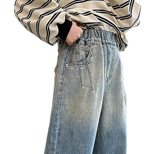 Tweens Denim Pants for Girls, Rivet Details Wide Leg Jeans, Gradient Elastic Wasit Baggy Jeans with Five Pockets2