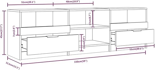 Miniatura 7 de Armario de TV para sala de estar, centro de entretenimiento, consola de TV, gabinete de TV, gris hormigón, 59.1 x 13.2 x 17.7 pulgadas, madera de