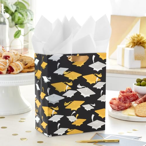 Hallmark 9" Medium Graduation Gift Bag with Tissue Paper (Gold and Silver Mortarboards on Black) for College, High School, 8th Grade, Kindergarten, Nurses - Image 2