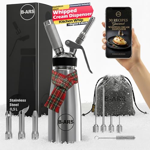 B-ARS Stainless Steel Whipped Cream Dispenser 500ML with Decorative Tips Needles Cleaning Brush Carry Bag and Ebook for Mousse Foams Sauces Toppings Ideal for Cooking Enthusiasts Home