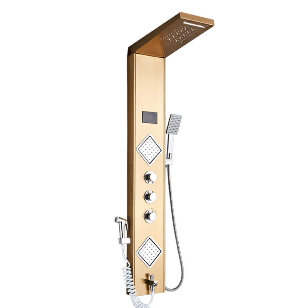 SBCGFY Golden Shower Panel Led Light Bathroom Bath Shower Column Tower Digital Screen Waterfall Rain Shower Mixers Rotate Massage Jets