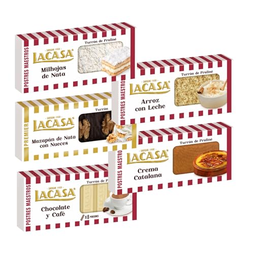 Pack Surtido 5 Turrones Lacasa:Mazapán de Nata con Nueces, Arroz con Leche, Chocolate y Café, Crema Catalana, Milhojas de Nata